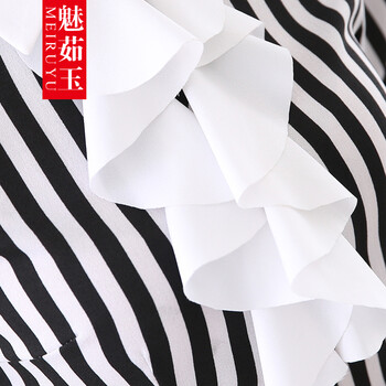 魅茹玉2015秋冬新款韩版时尚潮流休闲长袖女式条纹衬衫修身显瘦花边翻领打底衫女套装套裤衬衣 黑白条纹衬衫+裤子 XXL