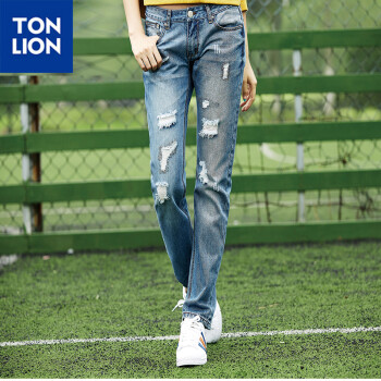 唐狮（TonLion）  女破洞牛仔长裤 6EK322083431 浅牛仔蓝 26