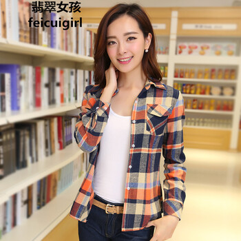翡翠女孩经典宽松大码女装秋装新款格子衬衫纯棉长袖衬衫女韩版衬衣 格子衫 M