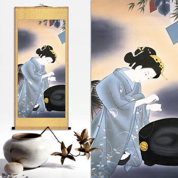 水木园 日本浮世绘挂轴仕女图和服美人画日式料理店装饰画榻榻米丝绸