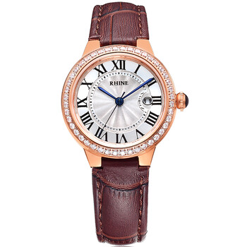 莱茵(rhine)手表 时尚蓝宝石镶钻真皮石英女表超薄简约 白玫棕皮_现价