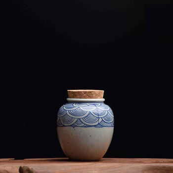 青花瓷茶叶罐手绘水纹留白陶瓷茶具 小号密封储茶器茶仓(we) 青花水纹