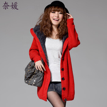 奈媛2015韩版女装加绒加厚毛线大衣女款大码长款开衫宽松外套冬女 红色 均码