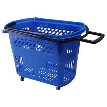 超市购物篮塑料拉杆式购物车超市专用折叠购物筐带轮买菜 蓝色