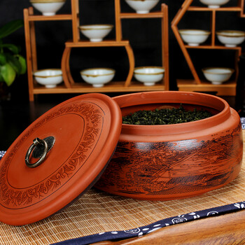 品鉴 紫砂茶叶罐  彩绘茶叶罐大 小储茶罐密封储物罐子 茶缸 清明上河图小号14*10cm