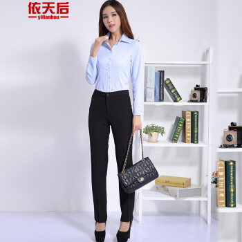 依天后2015秋冬厚款西装裤子大码直筒西裤商务ol正装裤休闲裤长裤中腰职业女衬衫套装工作服 蓝色衬衣+黑色西裤 L