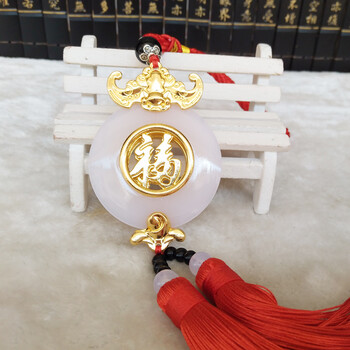 汽车挂件 车内饰品 保平安头像吊饰 玉镶玉车挂饰 牛角福-红须