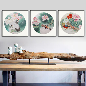 客厅装饰画沙发背景墙壁画国画水墨花鸟玄关走廊卧室挂画餐厅三联画 f