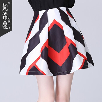梵希蔓2015秋季新品撞色印花百褶半身裙女 时尚百搭蓬蓬短裙子  65773 花色 L