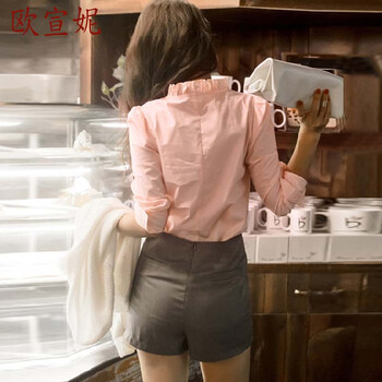 碧云裳 2016春装新款女衬衫韩版修身英伦立领全棉衬衣衬衫长袖森女学院风 蓝色 XXL