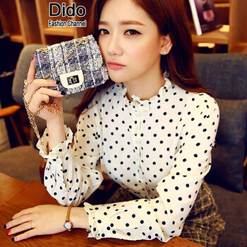 dido2016雪纺衫女长袖秋装韩版波点雪纺女衬衫女衬衣 白色 M