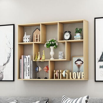 方格子收纳吊柜墙壁储物柜简约现代挂墙书柜浅胡桃色长100高60深度20