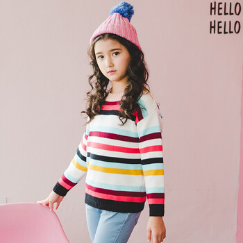 2018春装新款女童中大童彩色条纹针织衫儿童时尚春秋套头毛衣 彩条