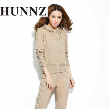 名品HUNNZ   专柜正品2015新款秋季韩版简约休闲套装卫衣两件套运动服 杏色 XL