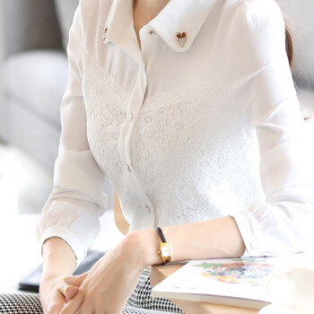 婉絮 2015秋款长袖雪纺衫衬衫女蕾丝衫打底衫上衣小衫 白色 S