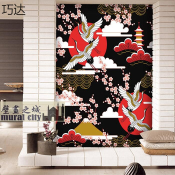 日本彩绘仙鹤壁纸日式和风浮世绘樱花墙纸富士山太阳古典日式壁画