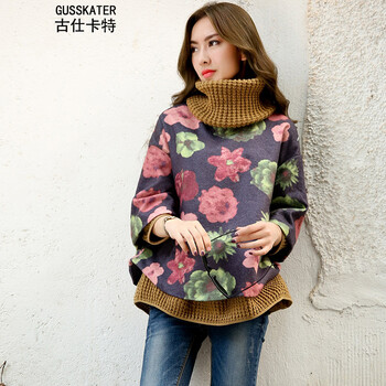 古仕卡特2015新款毛呢大衣韩版女毛呢七分袖女毛呢外套女短款风衣毛衣拼接2017-8803 大花 XL