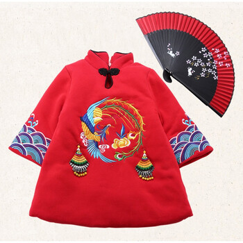 加厚唐装裙子中国风夹棉旗袍裙女童刺绣加厚复古唐装连衣裙冬 圆形