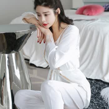 春季新款性感冰丝绸睡衣三件套女长袖刺绣吊带睡衣睡袍套装 白色(612)