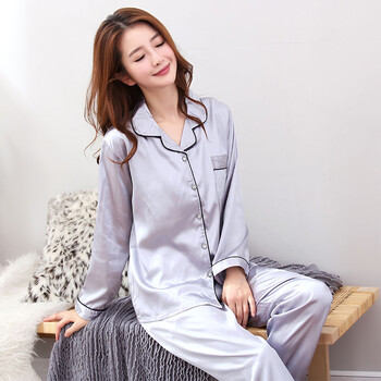 开衫睡衣女春秋季长袖长裤少女士开襟衬衫夏天家居服薄款套装 灰色 m