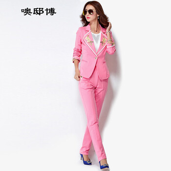 噢邸博2015时尚休闲女西服粉色秋装蓝玫瑰秋季小西装裤职业套装 深蓝色 XXL