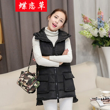 蝶恋草2015新款韩版时尚休闲修身羽绒服马甲中长款连帽女马夹背心A 黑色 XXL