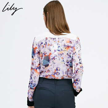 Lily 秋装新款女装修身优雅印花长袖雪纺衬衫114330H4307 浅玫红-13色 150/78A/XS