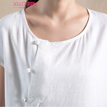XIAO萌妹2015夏季新款复古盘扣棉麻半袖连衣裙女潮8839 白色 L