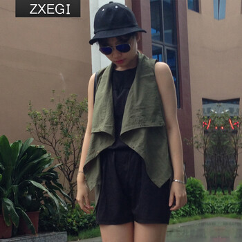 ZXEGI女装 新款日韩休闲清新个性时尚雪纺拼接无袖大码马甲女款秋韩版M02 军绿色 均码