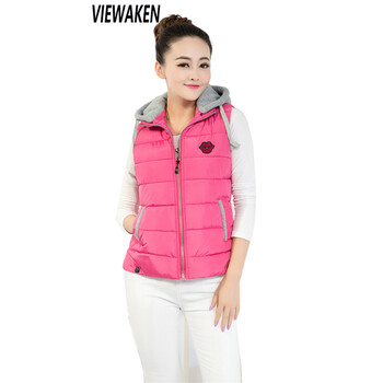 viewaken2015秋冬新款韩版修身棉服连帽马甲 中长款棉衣背心女 粉色 XXXL