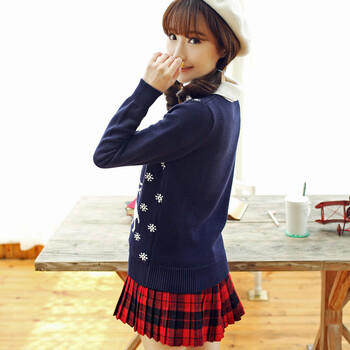 妮菲学院2015秋装学院风小鹿雪花娃娃领少女中学生套头毛衣针织衫 藏青色 M165