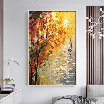 玄关装饰画原创手绘油画现代简约一帆风顺帆船抽象风景欧式书房餐厅