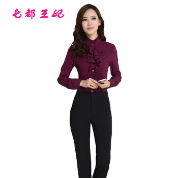 七都王妃阿玛施款2016春季时尚职业装修身荷叶边长袖打底衬衣女士衬衫 白色 L
