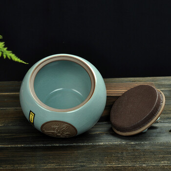 
                                        
                                                            唐丰（TANGFENG） 茶叶罐实用茶具仿汝窑茶叶罐精美开片茶叶罐普洱密封茶罐茶具配件 仿宋汝窑福来吉上茶叶罐                