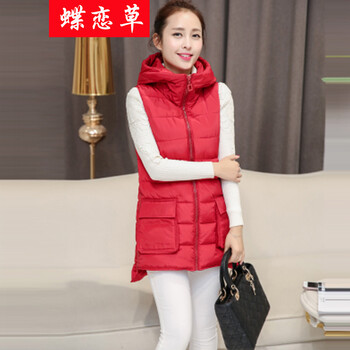 蝶恋草2015新款韩版时尚休闲修身羽绒服马甲中长款连帽女马夹背心A 黑色 XXL