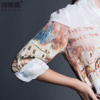 绮唯嘉大码女装2015秋装新款 图案印花加肥加大码雪纺衫女长袖中长款显瘦女装上衣 城堡画 L