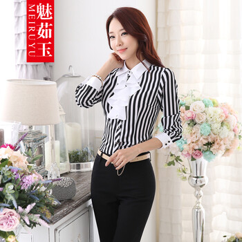 魅茹玉2015秋冬新款韩版时尚潮流休闲长袖女式条纹衬衫修身显瘦花边翻领打底衫女套装套裤衬衣 黑白条纹衬衫+裤子 XXL
