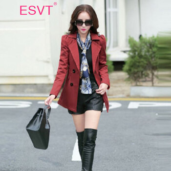 ESVT韩版2015秋季新款长袖翻领时尚简约修身显瘦中长款风衣女 枣红 L