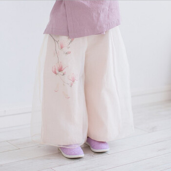 风子装儿童唐装春秋童装小女孩改良古装女宝宝汉服 米白色 玉兰花裤子