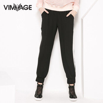VIMAGE纬漫纪2015春装新款长卫裤黑色撞色休闲百搭宽松运动裤子女 黑色 L