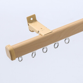 静音滑轮窗帘杆子配件单双轨顶侧装弯曲直轨 木纹轨道单杆-清枫木色