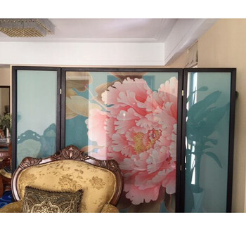 尊享定制胡桃木屏风 现代中式隔断帘 玄关客厅隔断 实木半透明纱质屏风 牡丹花开 宽200CMX高180CM