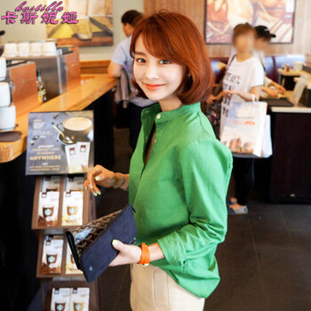 卡斯妮娅2015秋季新款纯棉纯色女式小立领长袖休闲衬衣宽松时尚款KS-3046 天蓝色 M