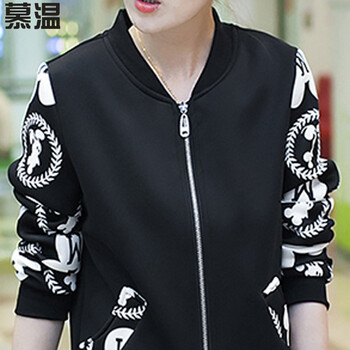 慕温   2015新款大码女装棒球服上衣短外套印花开衫长袖卫衣夹克994 黑色 M