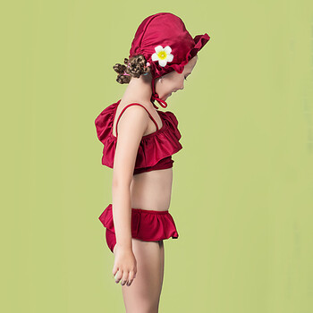 儿童泳衣女孩女童宝宝比基尼小孩分体泳装1-3岁-10岁游泳衣 酒红款