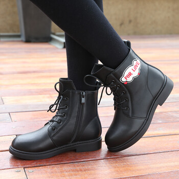 靴子秋冬短靴2018新款儿童马丁靴冬季鞋中大童棉鞋雪地靴真皮 黑色