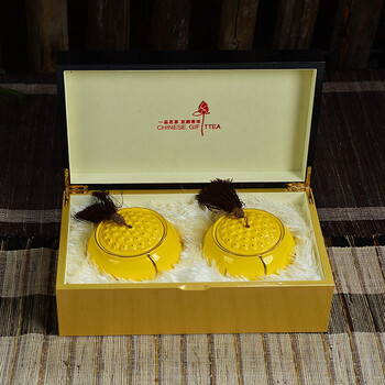 陶瓷茶叶罐通用版礼盒高档木盒包装过节礼品批发小号黄色一鹭莲升