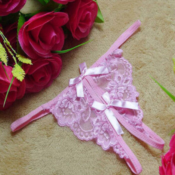 霏慕女式透视蕾丝开裆丁字 裤刺绣开档内裤 粉色蕾丝 开裆