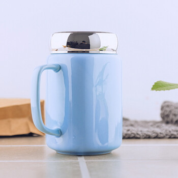 简约马克杯带盖勺家用陶瓷水杯镜面杯办公室咖啡早餐杯情侣杯 天蓝色