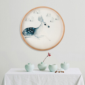 新中式客厅装饰画圆形画三联餐厅卧室挂画工笔画绢画国画风景圆框 林